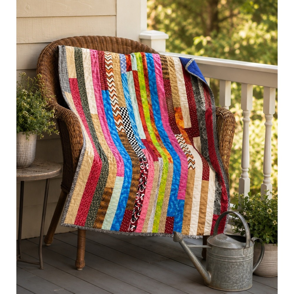 Vintage Handmade Strip Quilt 40x44 Lap Quilt Wall Hanging Colorful Throw